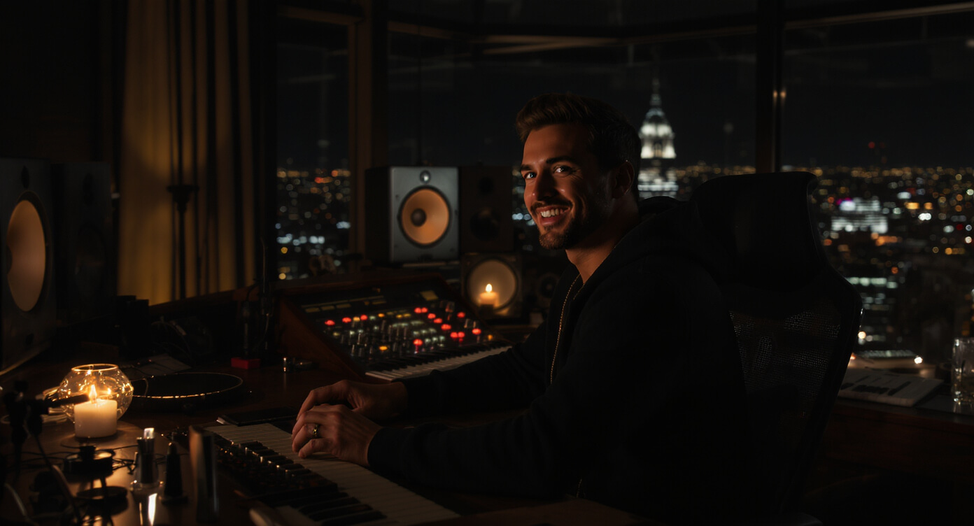 Musician in a studio at night