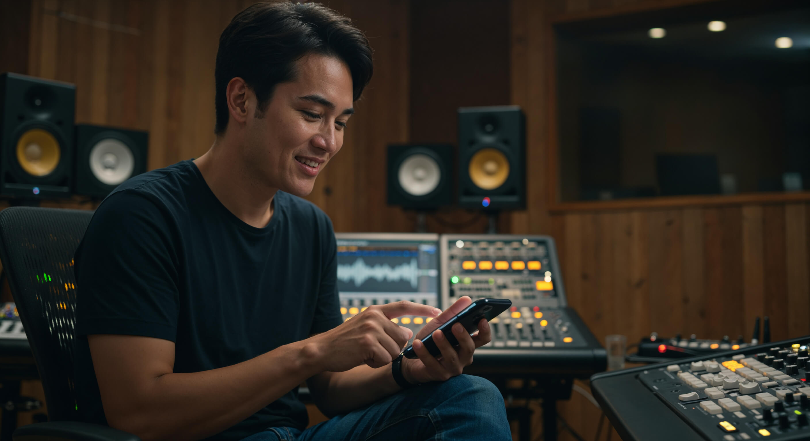 Musician uploading track from phone in studio