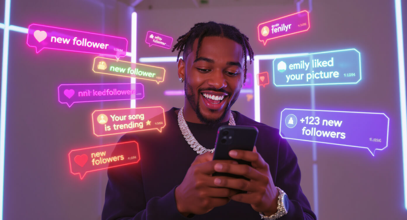 Man looking at phone with social media notifications